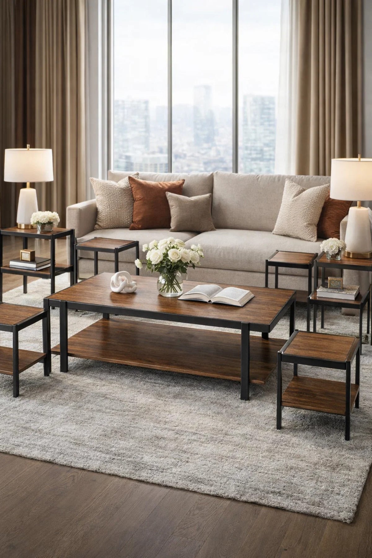 Modern Brown Coffee Table Set with 6 Side Tables and Shelf modern brown coffee Center