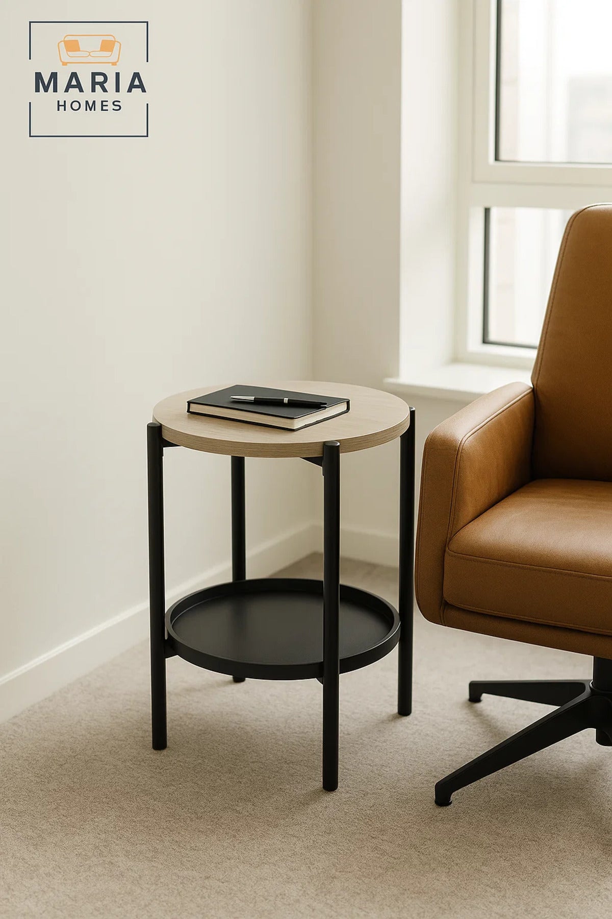 Modern Light Wood Side Table √ê Round Coffee Table with Black Storage Shelf 40_40_55 cm