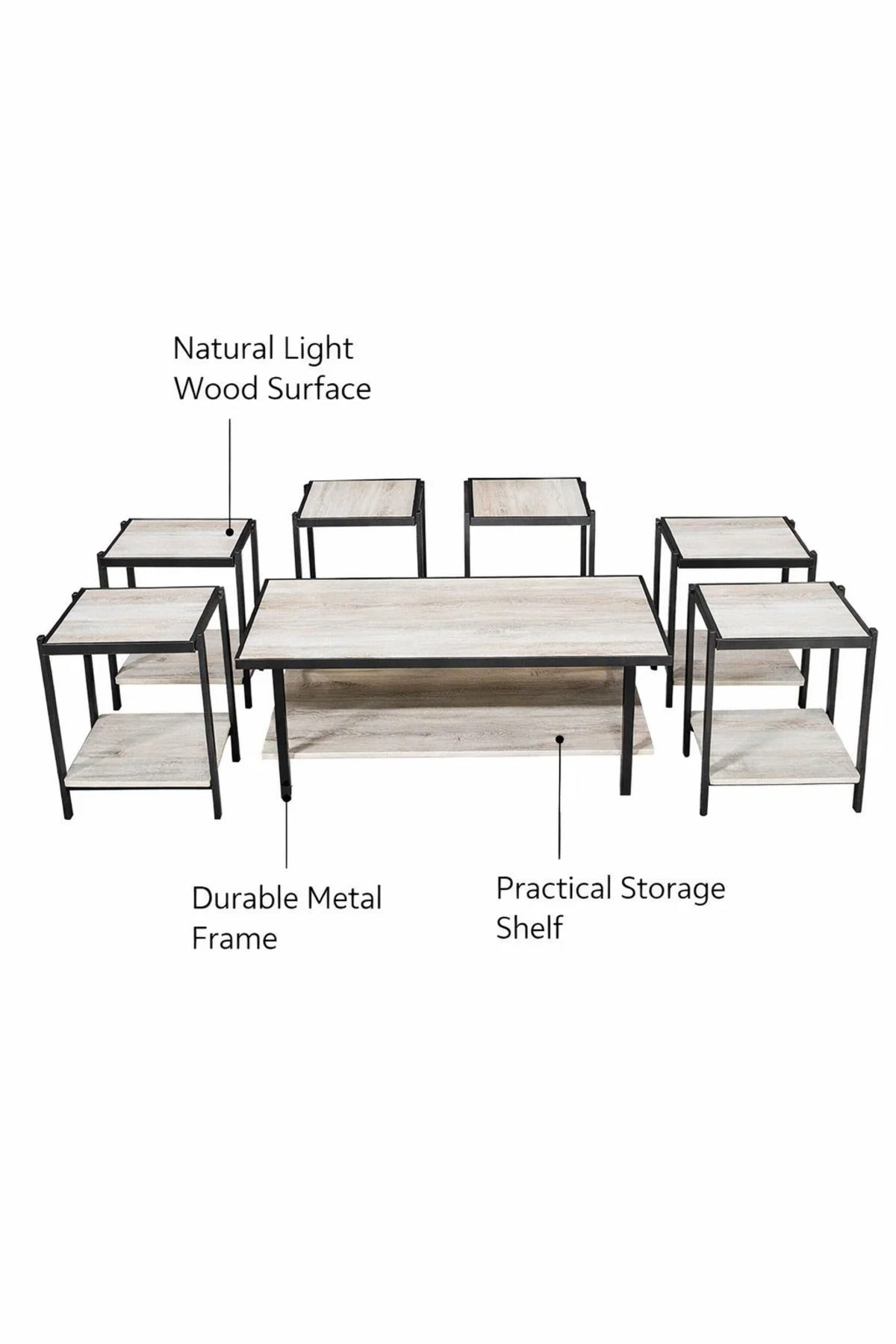 Modern Light Wood Coffee Table Set with 6 Side Tables and Shelf modern light wood