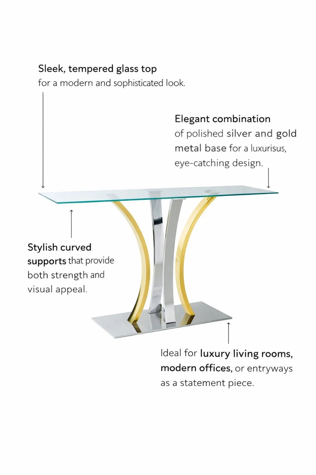 Luxury Modern Glass Console Table Gold Silver Metal Legs Hallway Entryway Furniture 140x40x80cm