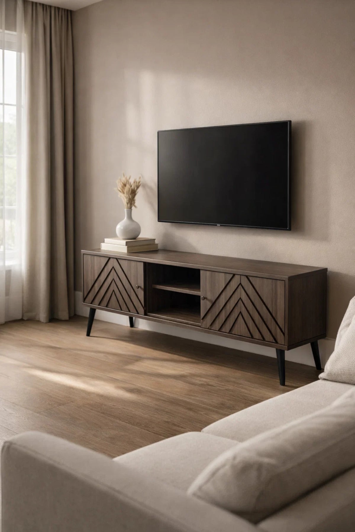 Brown TV Stand Ð 160x40x45 cm Modern Plasma Table with Cabinets & Shelf