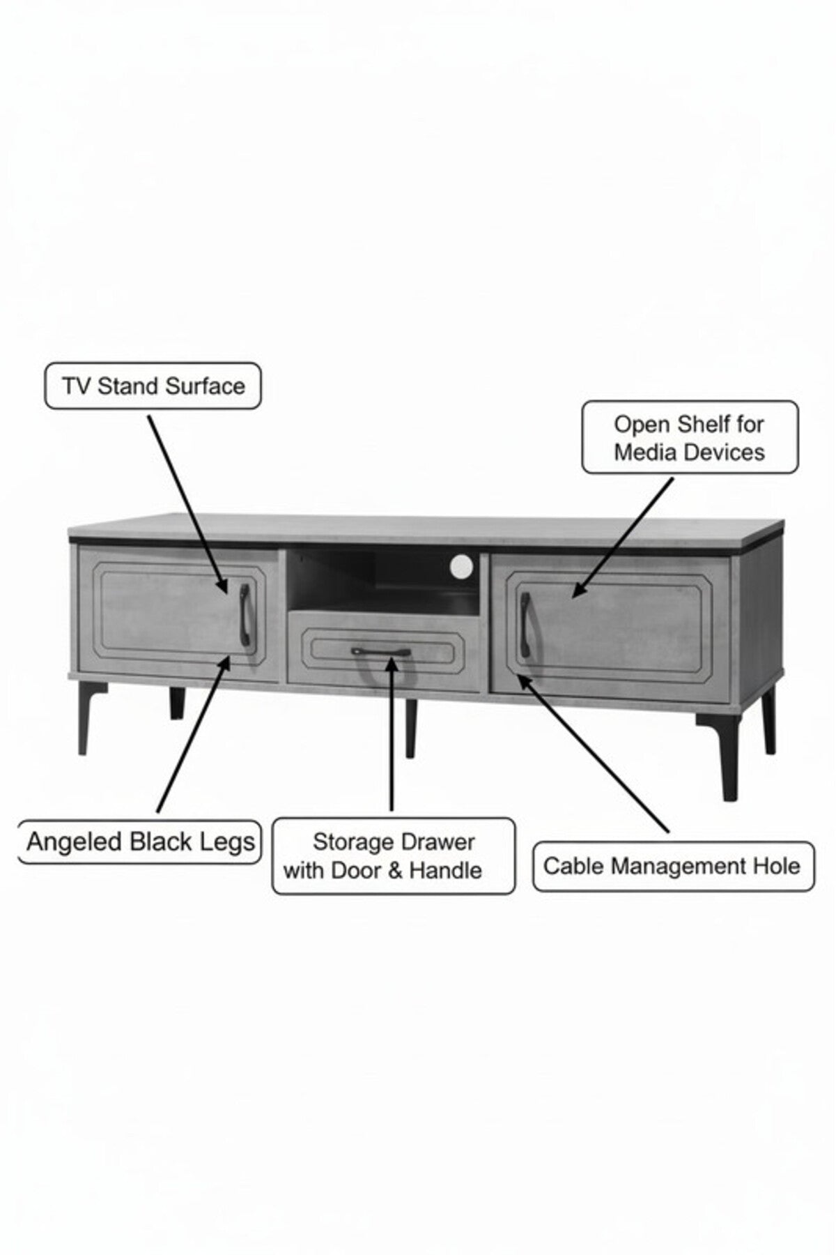 Modern Grey TV Table with Drawers and Open Shelf