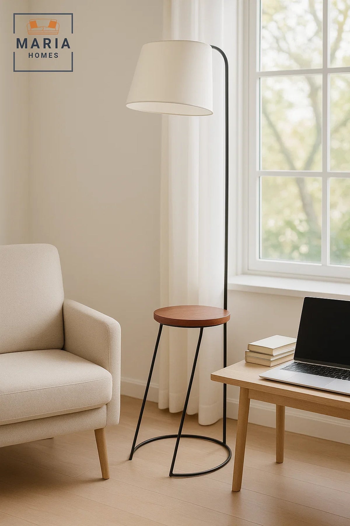 Floor Lamp with Side Table and White Shade
