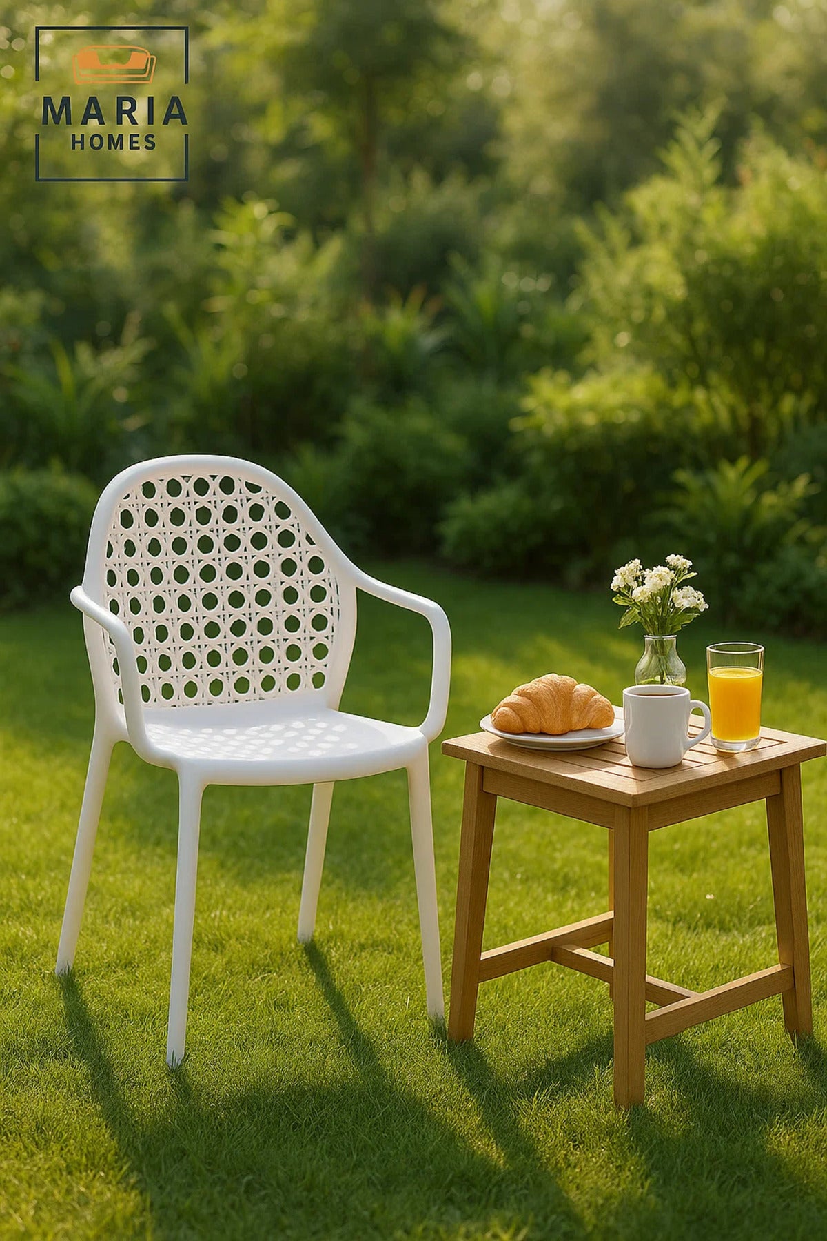 White Rattan-Style Plastic Armchair Ð Stackable Outdoor and Indoor Garden Chair with Woven Backrest