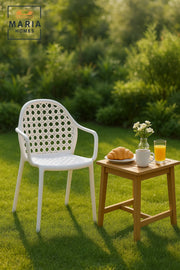 White Rattan-Style Plastic Armchair Ð Stackable Outdoor and Indoor Garden Chair with Woven Backrest