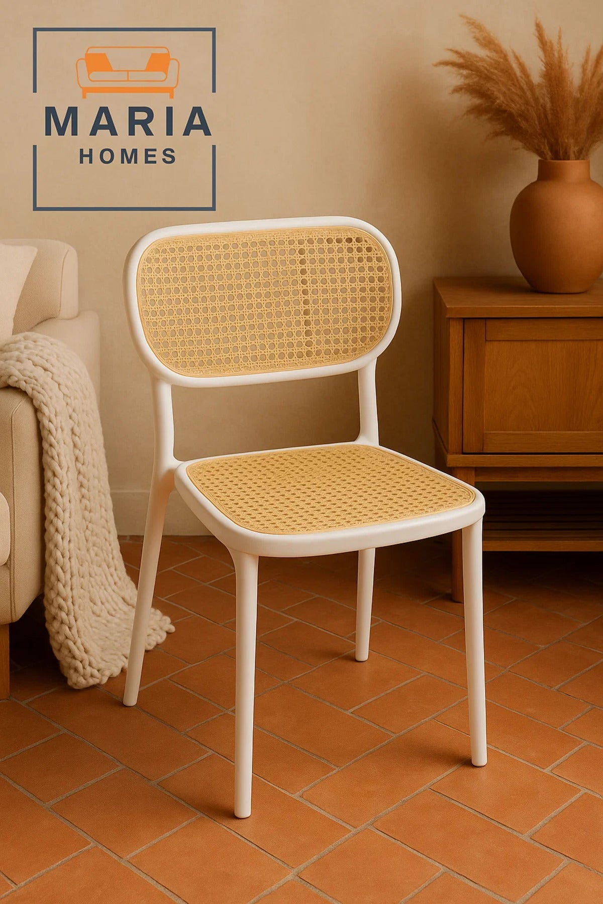 Stylish Rattan Back & Seat Chair Ð White Frame Modern Dining Chair for Home, CafŽ, or Patio