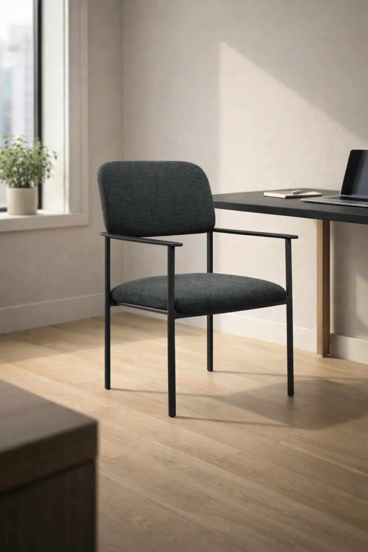 Modern Dark Grey Upholstered Dining Chair with Arms Black Metal Base for Home Office Decor