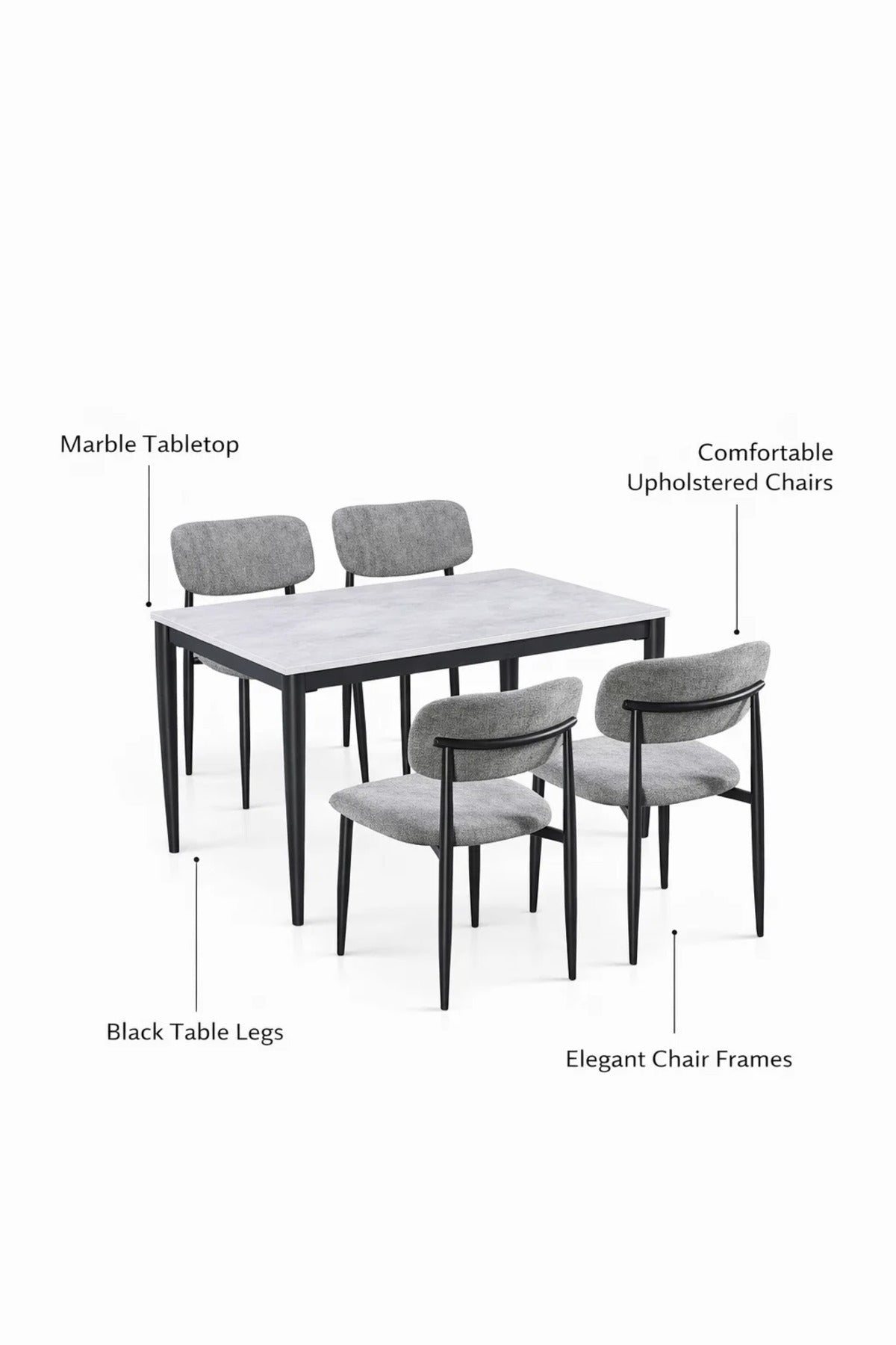 Modern Marble Top Dining Table Set with 4 Upholstered Chairs 130x80x75cm modern marble