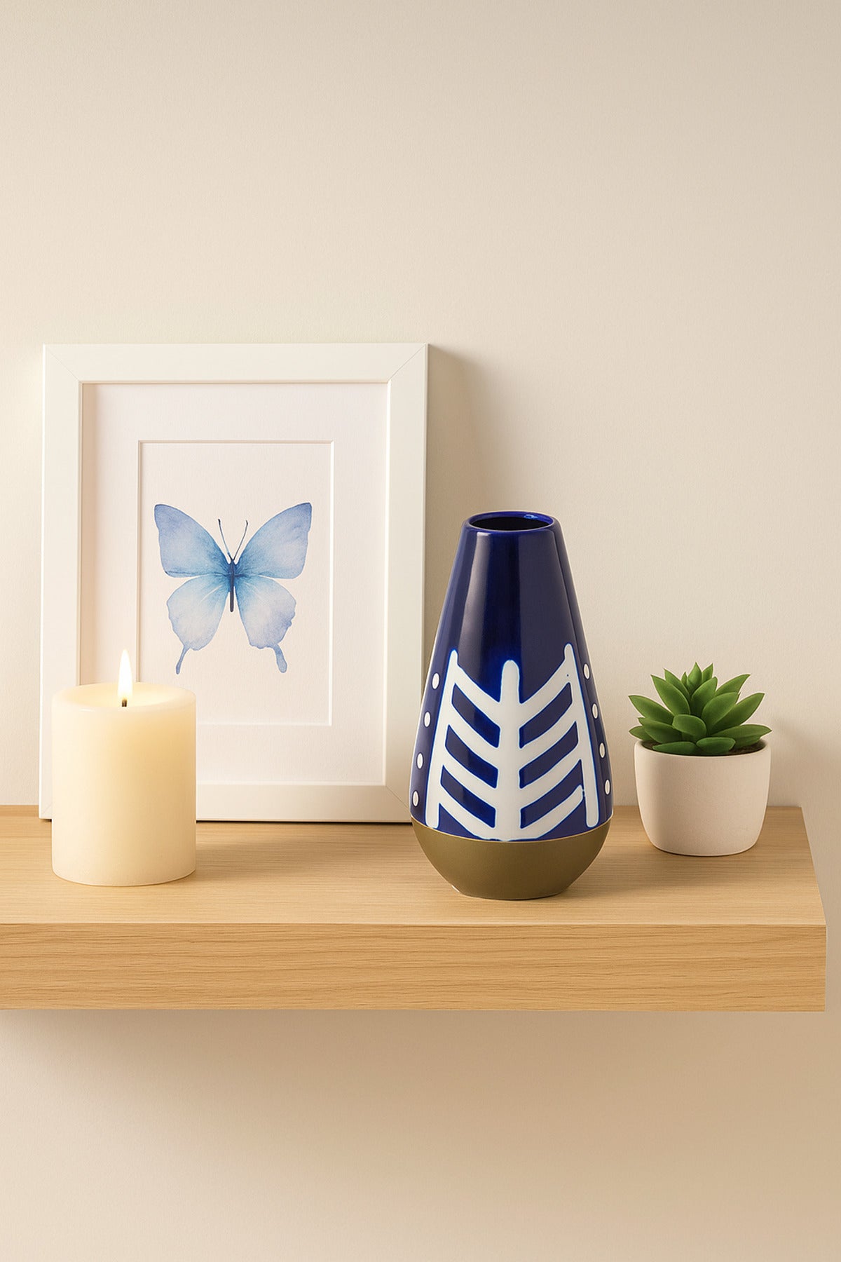 Dark Blue and White Ceramic Vase Ð Tall Tapered Geometric Decorative Vase