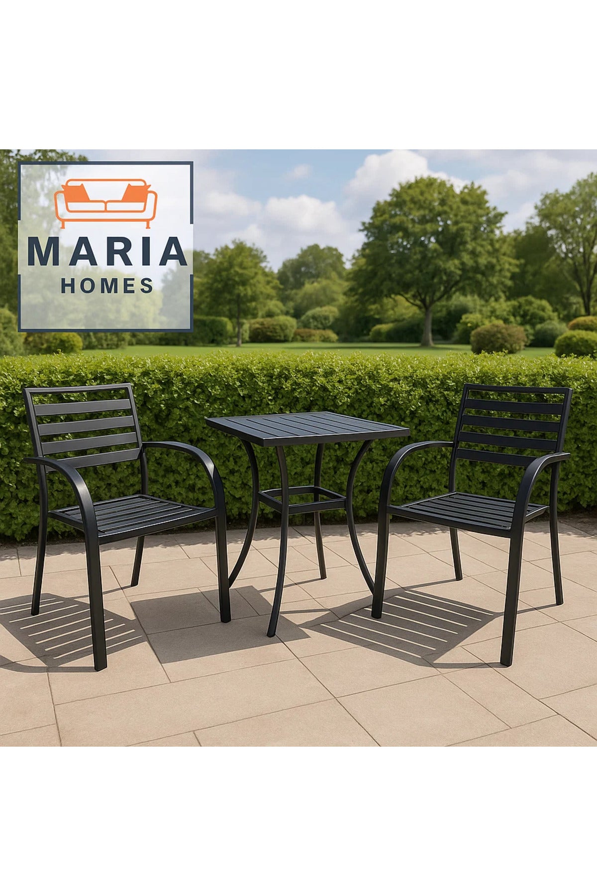 Black Metal Outdoor Armchair Ð Slatted Seat and Backrest for Patio or Garden