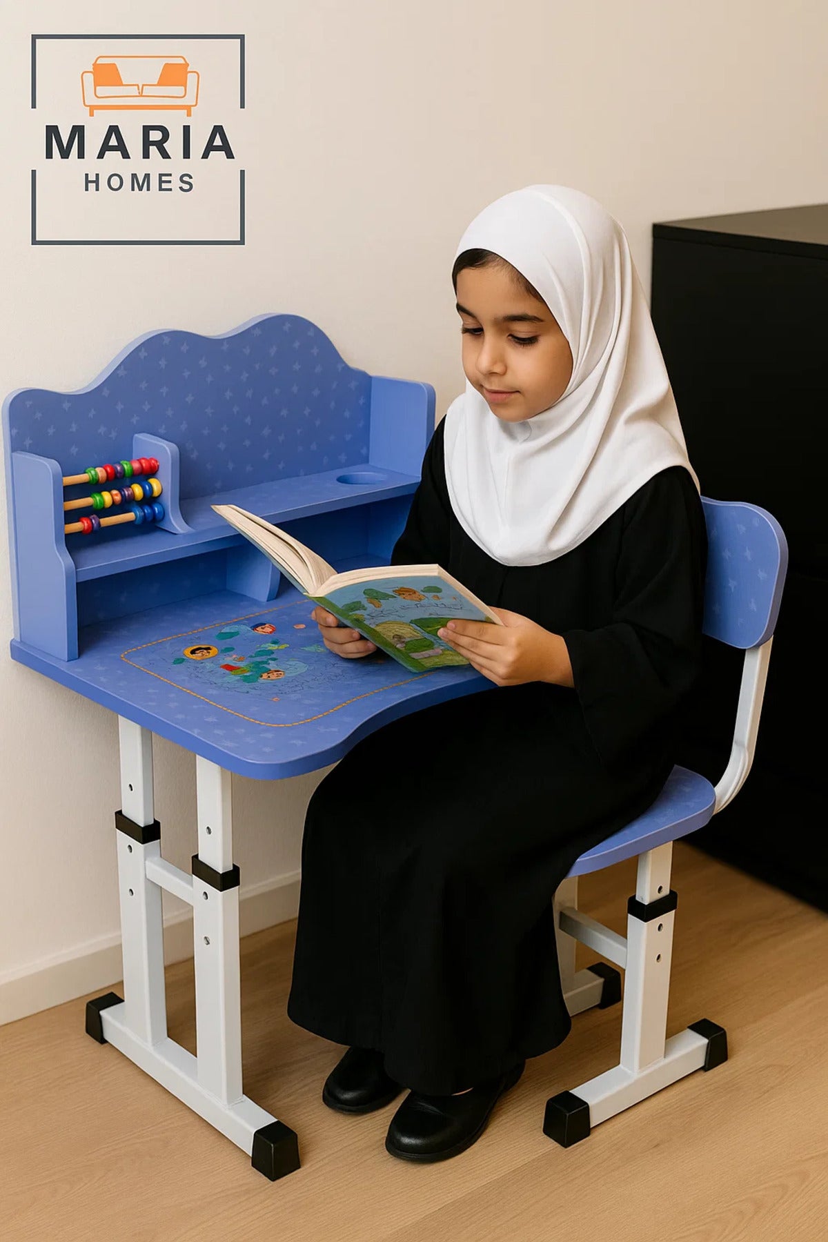 Blue Adjustable Kids Study Desk and Chair Set with Shelf and Abacus