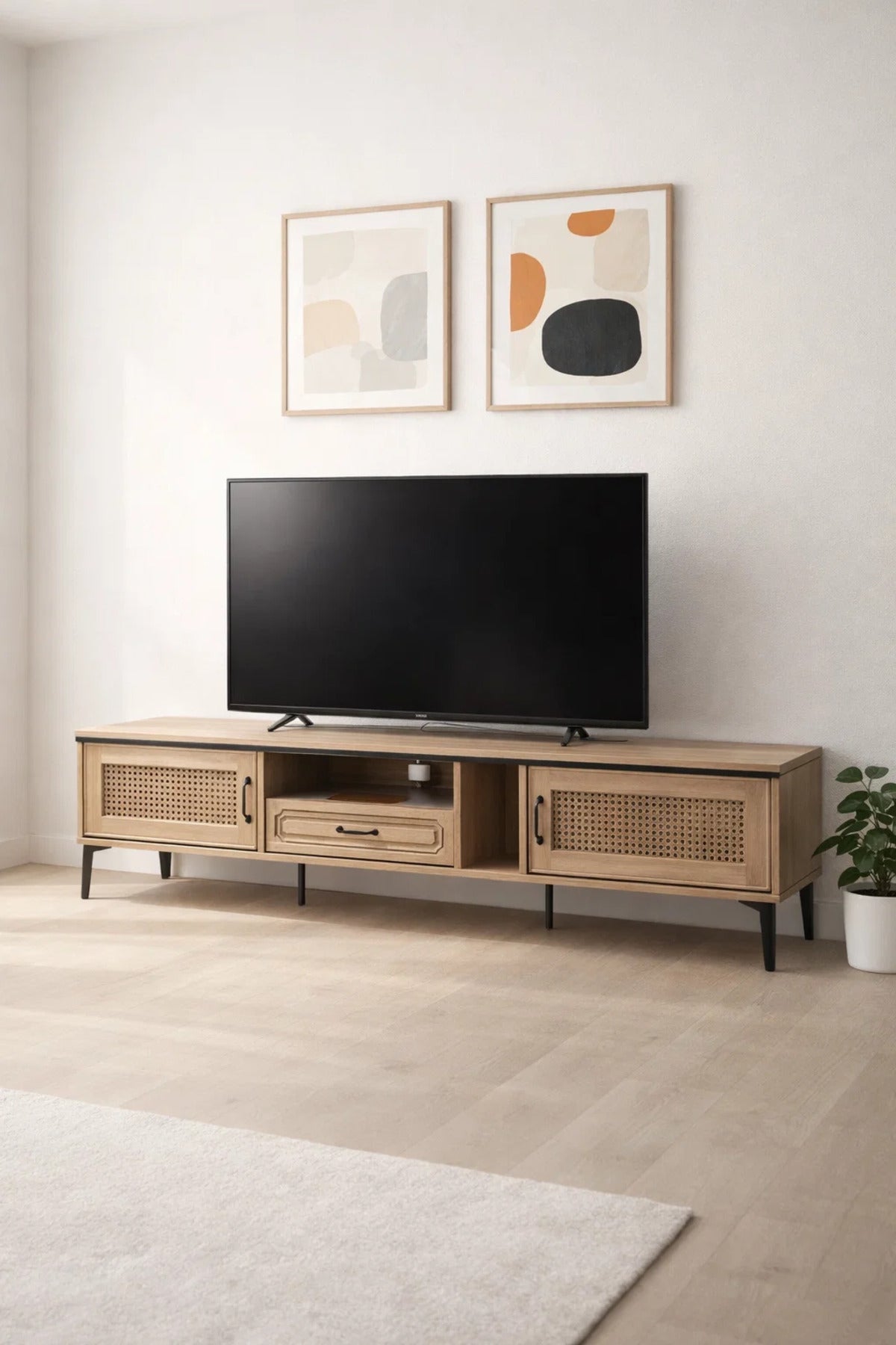 Natural Wood TV Stand √ê 200x40x46 cm Modern Plasma Table with Cabinets & Drawer