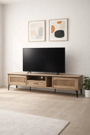 Natural Wood TV Stand √ê 200x40x46 cm Modern Plasma Table with Cabinets & Drawer
