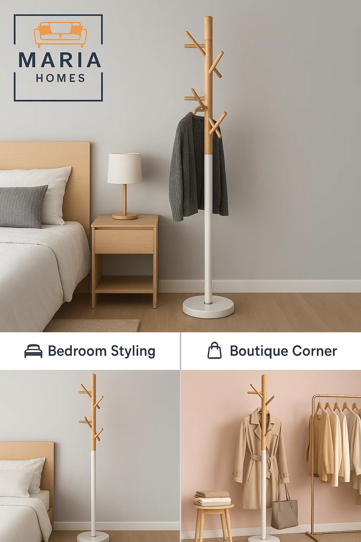 Modern Wooden Coat Rack with White Base and Angled Hooks