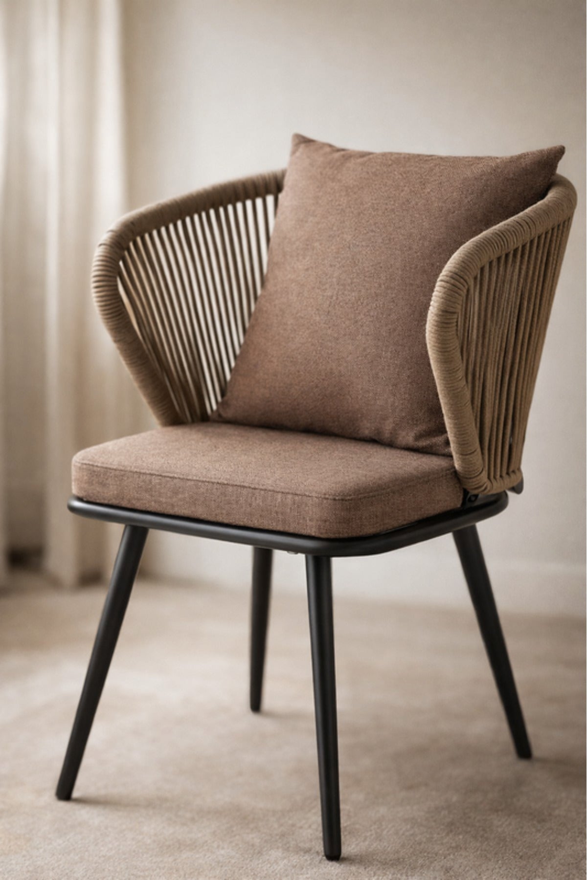 Coffee Fabric Dining Chair with Cushion Modern Woven Back coffee fabric dining Garden