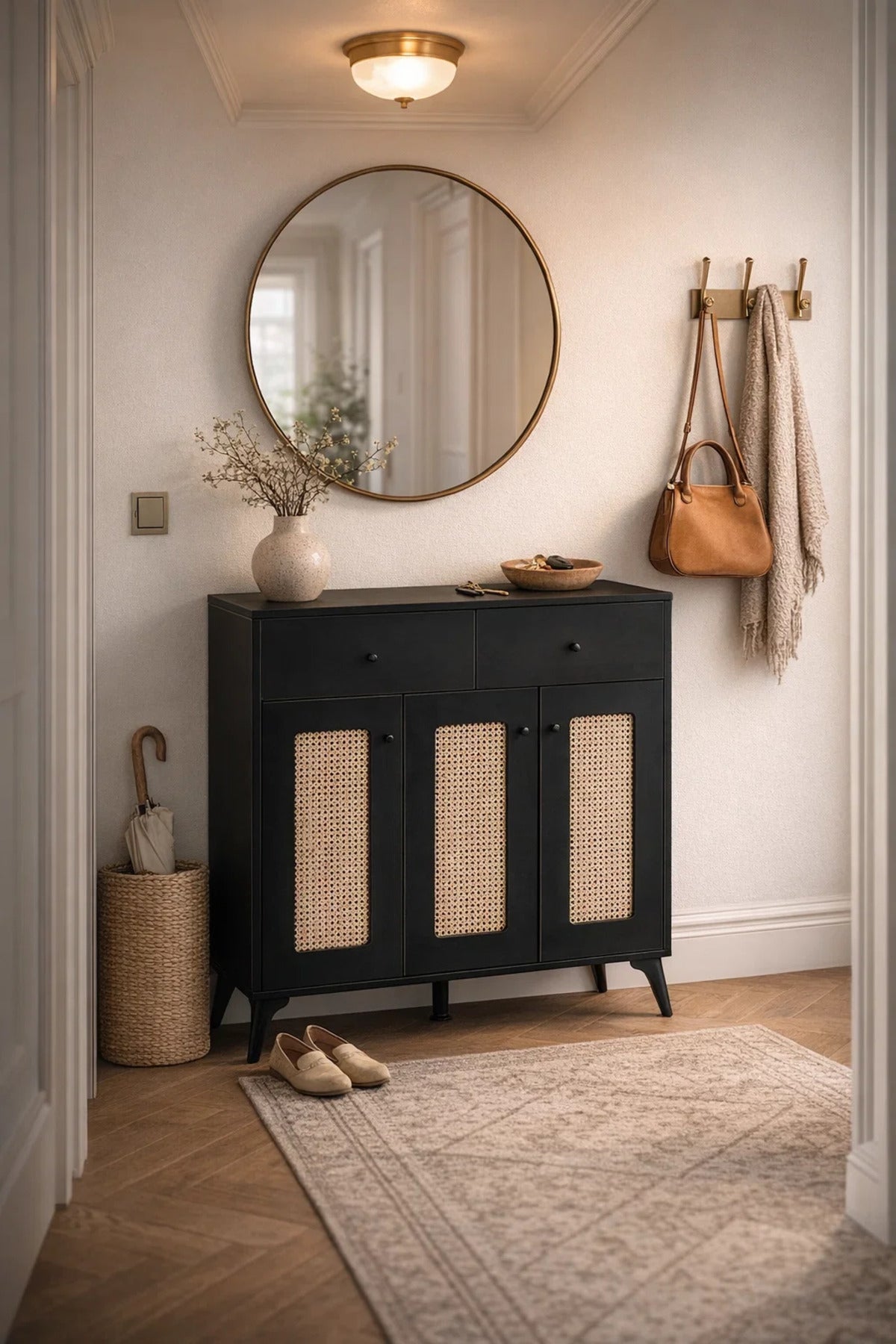 Stylish Black Rattan Shoe Cabinet with Drawers Multi Purpose Hallway Console Table Storage Unit