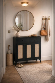Stylish Black Rattan Shoe Cabinet with Drawers Multi Purpose Hallway Console Table Storage Unit