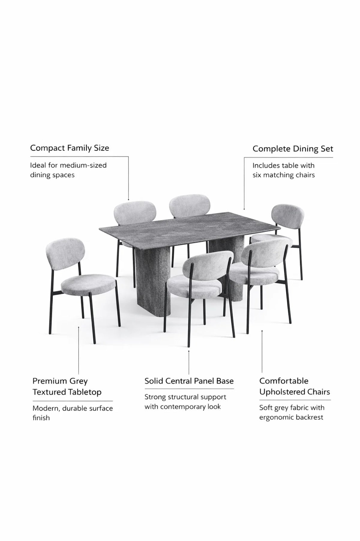 Luxury Grey Dining Table Set 6 Chairs Stone Look 150cm Modern Furniture for Kitchen Dining Room
