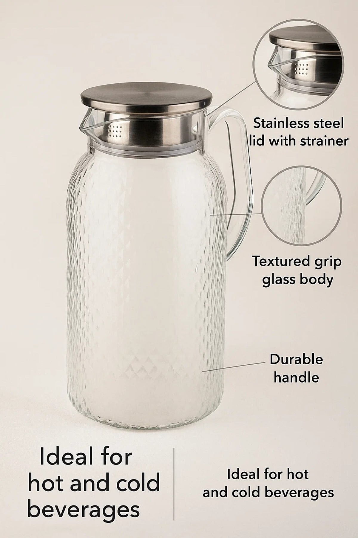 Diamond-Cut Glass Water Pitcher with Stainless Steel Lid Ð 1.5 Liter, Infuser Spout