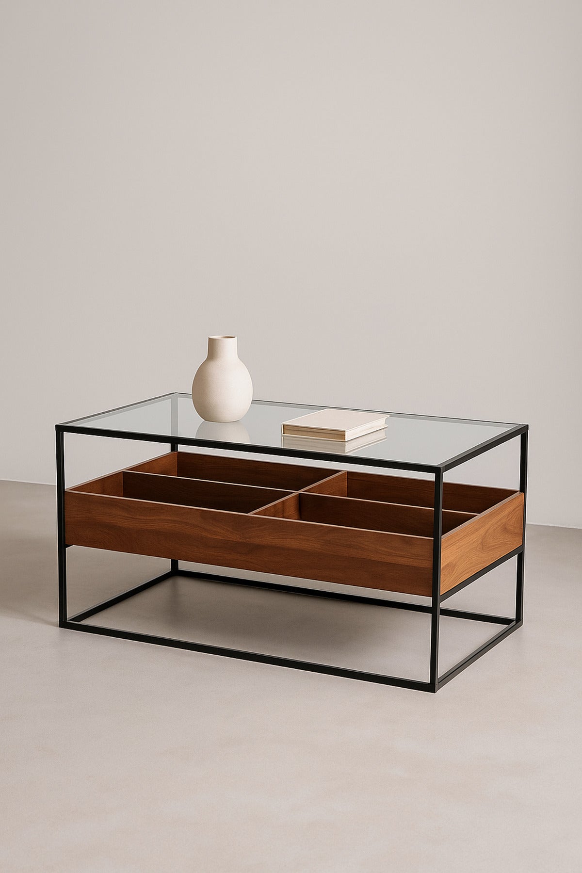 Walnut Coffee Table with Glass Top & Black Metal Frame Ð 120_60_45 cm
