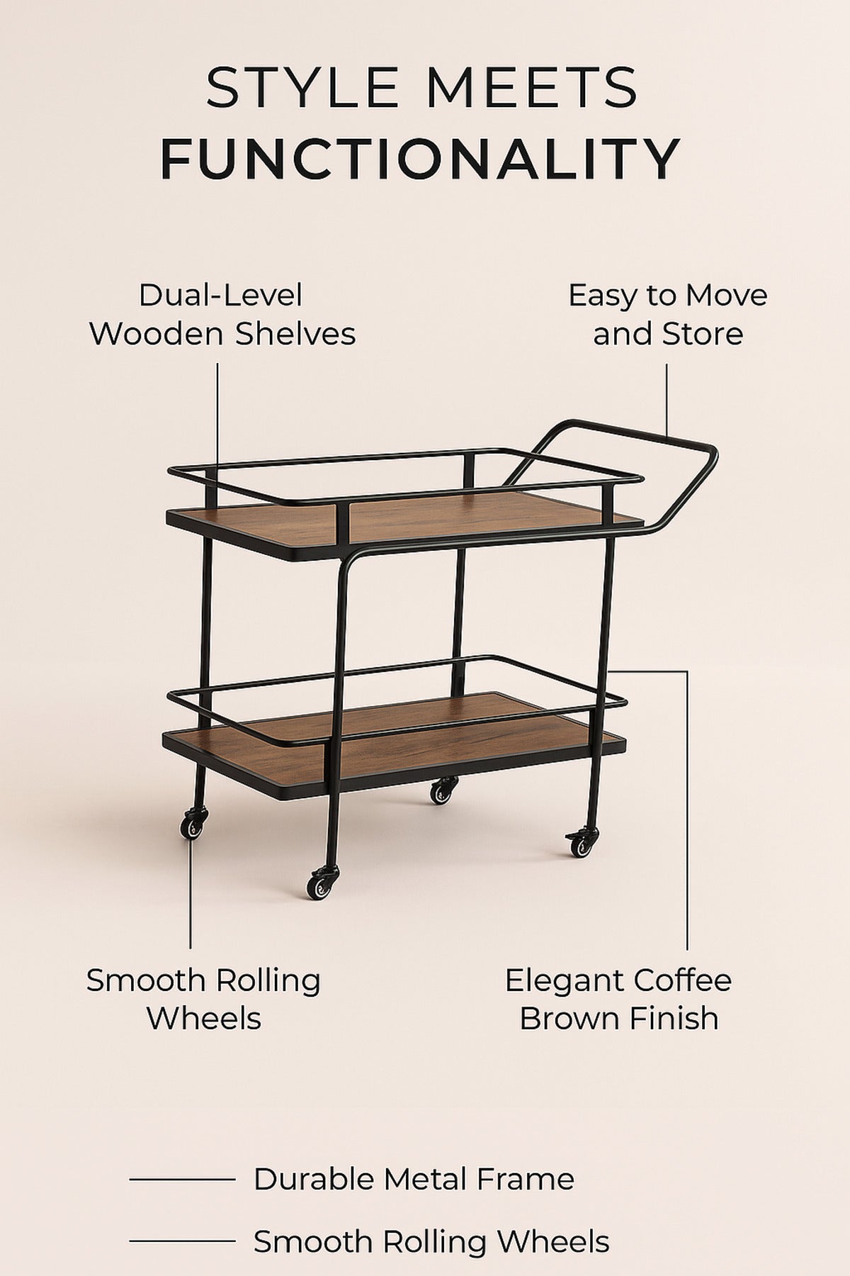 Modern Brown Metal Serving Trolley Ð 2-Tier Bar Cart with Wheels 83_40_80 cm
