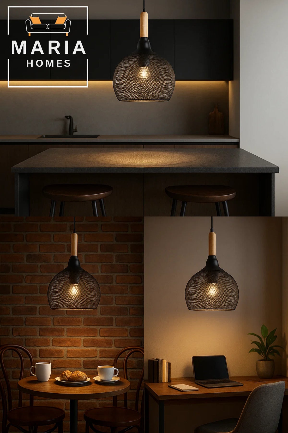 Modern Triple Drop Pendant Light in Grey and Wood