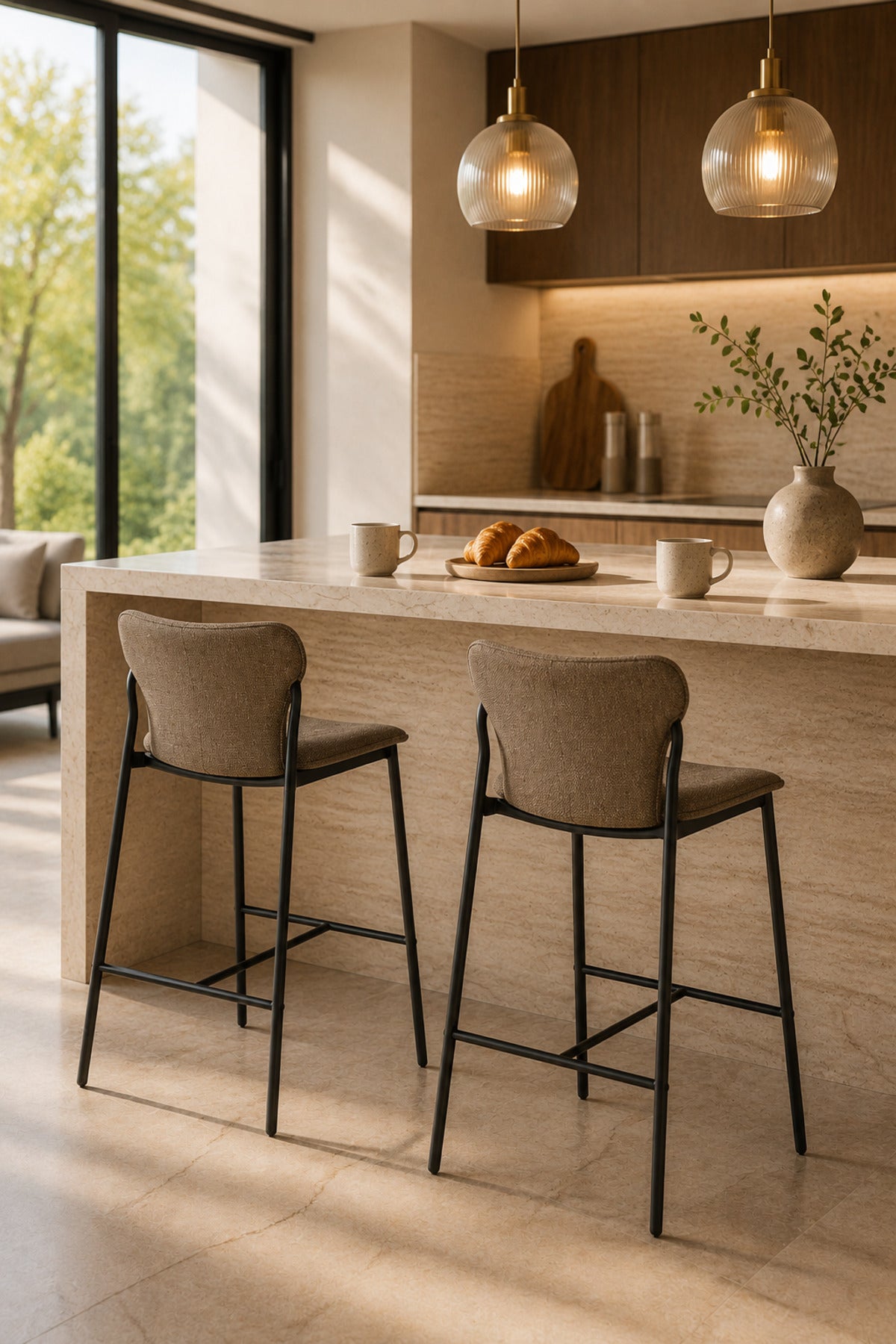 Modern Upholstered Bar Stool with Curved Backrest & Metal Frame - Counter Height Chair for Kitchen &