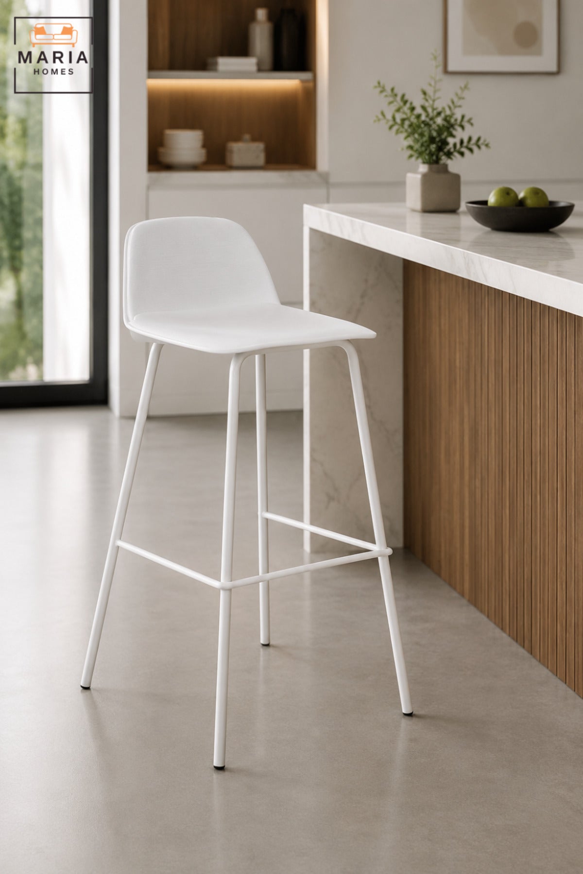 Modern Counter Bar Stool with Curved Backrest, Slim Frame and Integrated Footrest | High Kitchen Stool for Breakfast Bar, Café and Counter