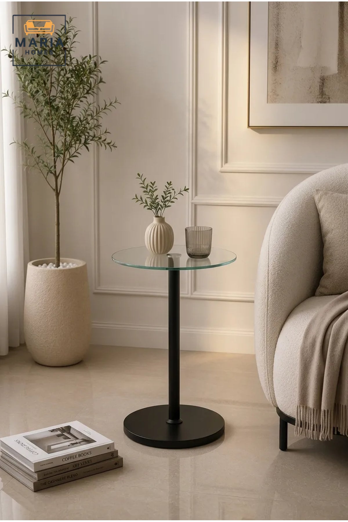 Minimalist Round Glass Side Table with Black Metal Pedestal Base for Modern Living Spaces
