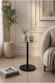 Minimalist Round Glass Side Table with Black Metal Pedestal Base for Modern Living Spaces