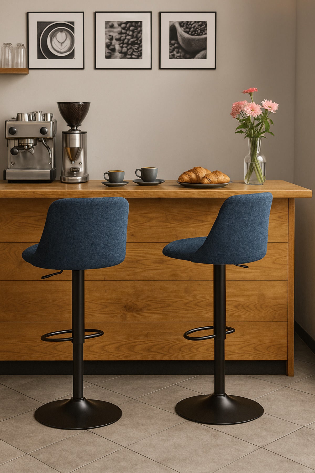 Deep Blue Adjustable Bar Stool with Backrest & Footrest Ð Modern Counter Chair