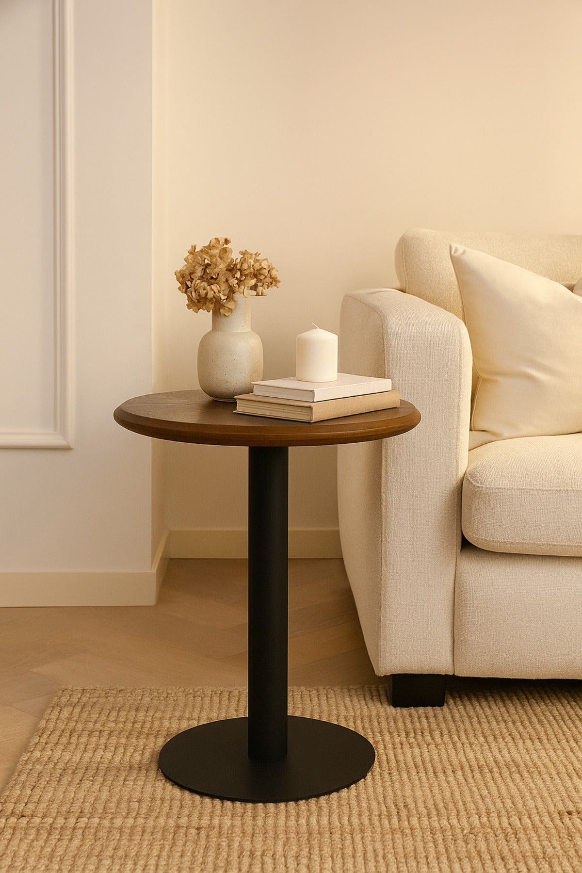 Round Walnut Coffee Table Ð 60_75 cm Dark Wood Top with Black Metal Base