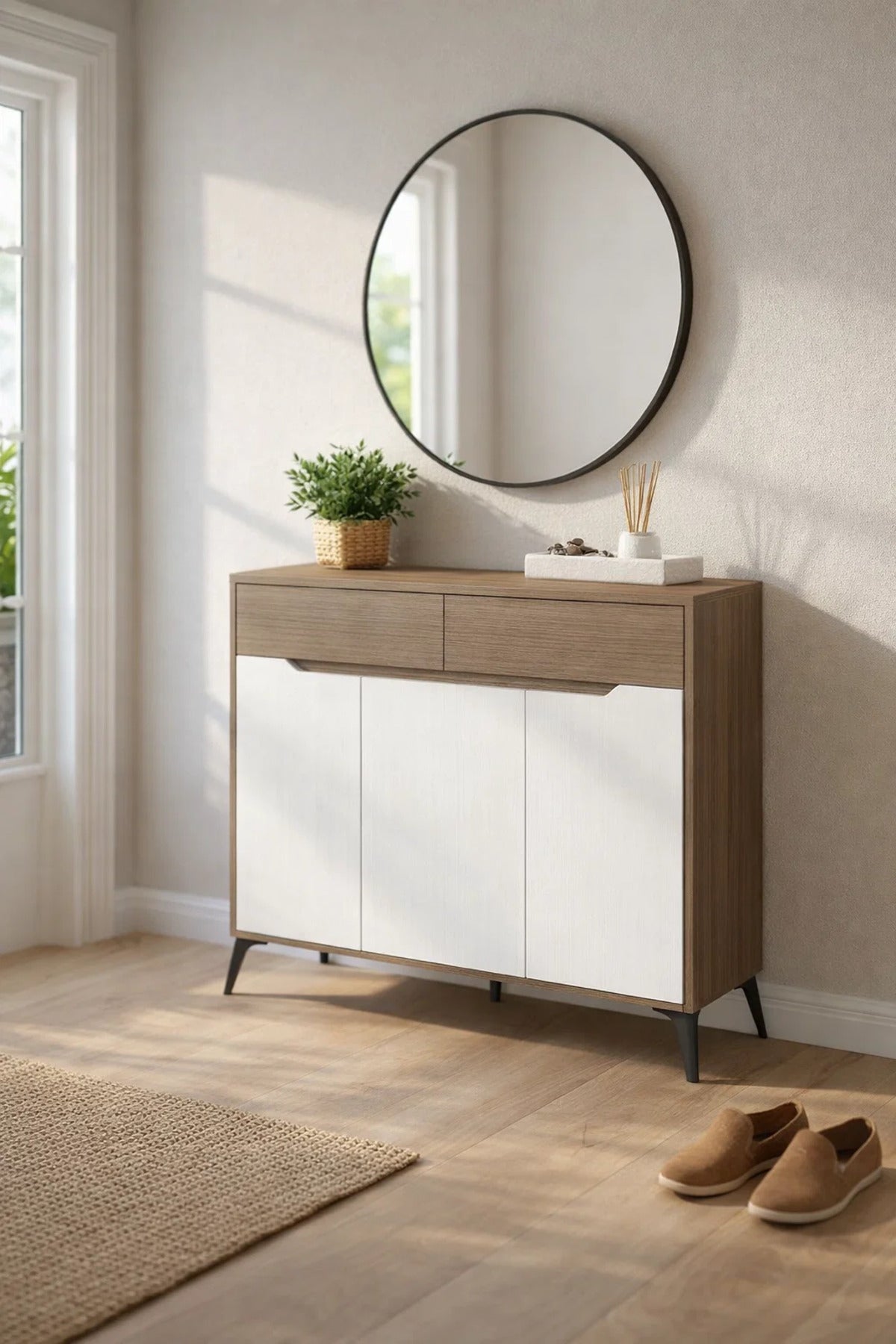 Modern White and Grey Shoe Cabinet Console Table with Storage Drawers for Hallway and Living Room