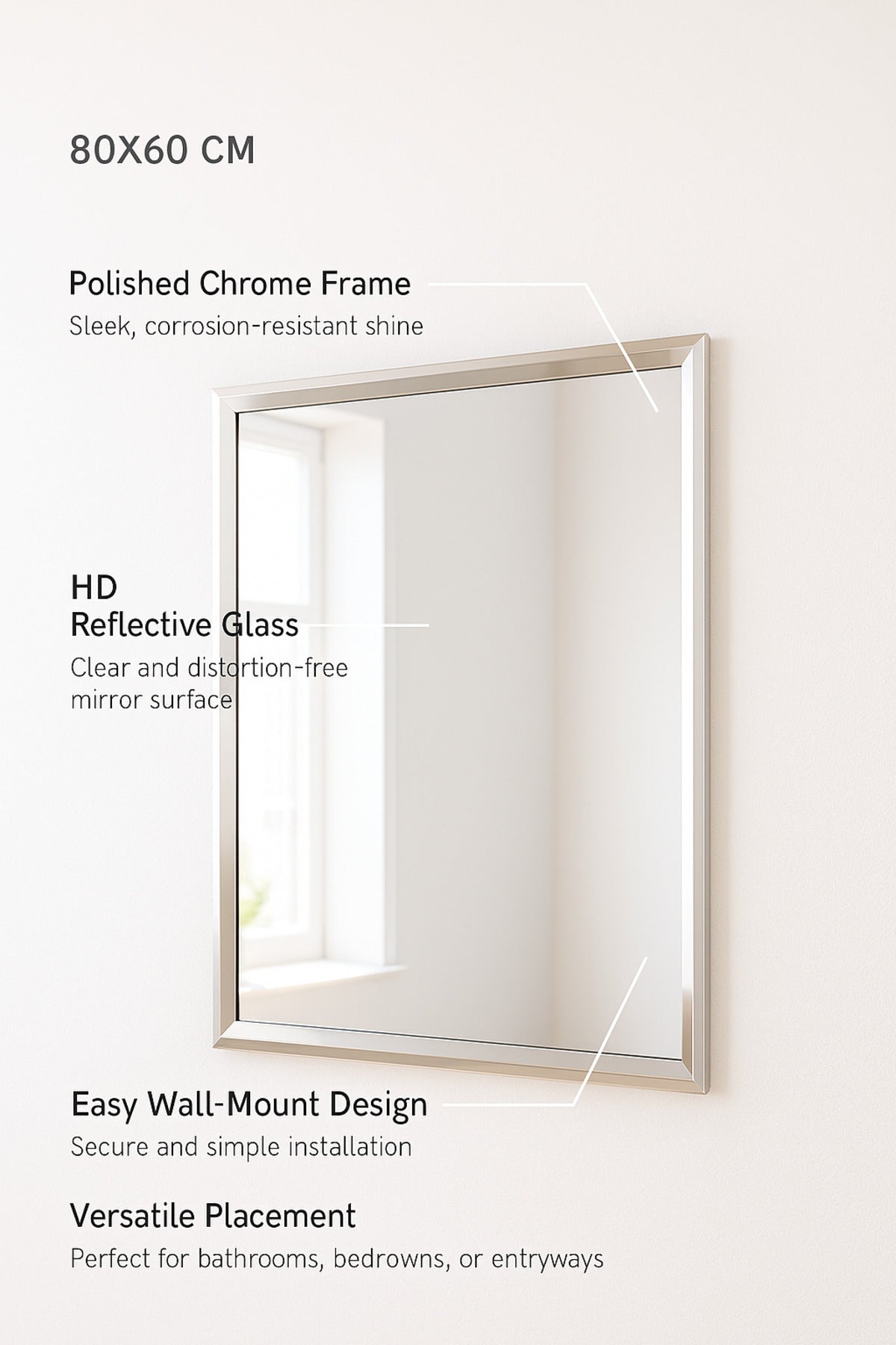 Rectangular Wall Mirror with Chrome Frame Ð 80_60 cm Modern Decorative Mirror for Home