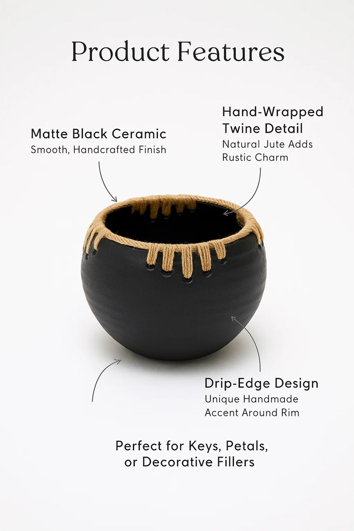 Black Ceramic Bowl Planter – Modern Decorative Pot with Twine Rope Accent for Home and Office Décor