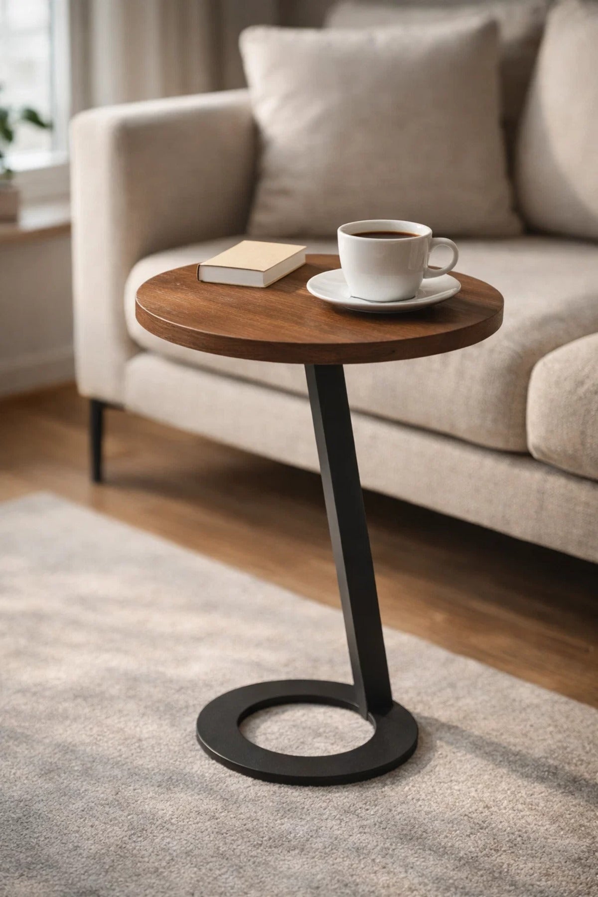 Brown Round Side Table 45_45_60 CM Wooden Top with Black Metal Base brown round side