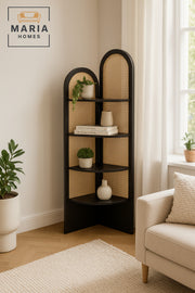 Black Rattan Corner Shelf Ð 180_40_40 cm Modern Space-Saving Display Rack