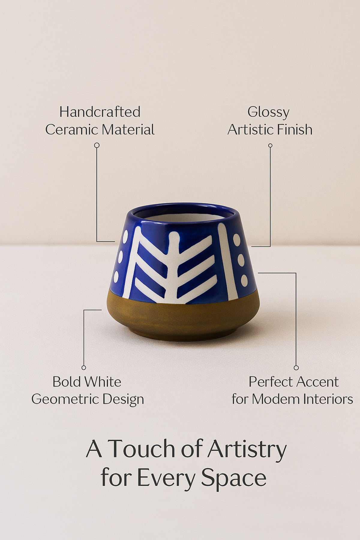 Dark Blue and White Ceramic Planter Ð Modern Geometric Decorative Pot