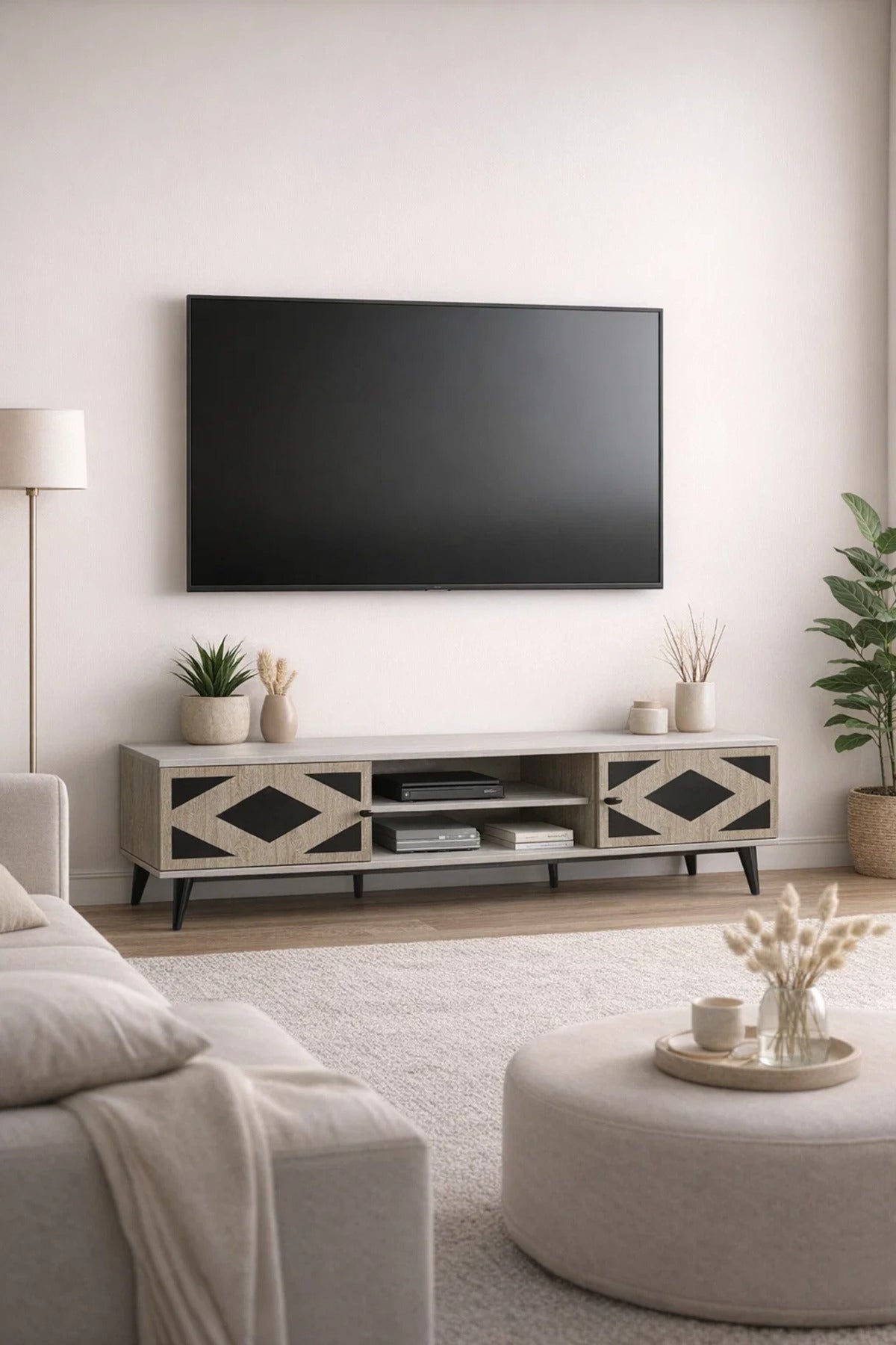 Stylish Beige TV Unit 180cm Modern Media Console with Geometric Storage for Large Living Rooms
