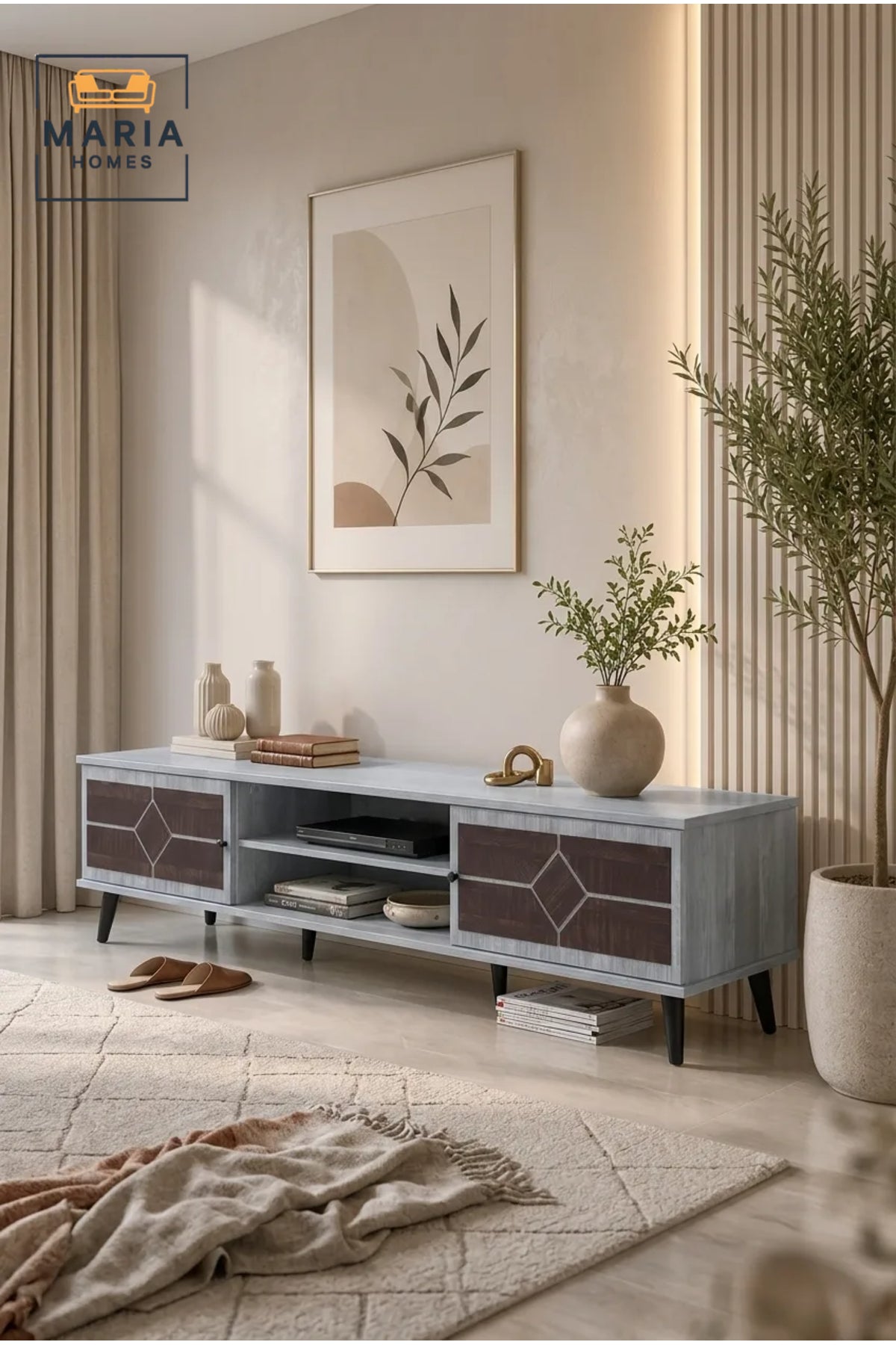 Modern Geometric TV Unit 200 _ 40 _ 45 cm √ê Wooden Entertainment Center with Storage Cabinets and Open Shelves