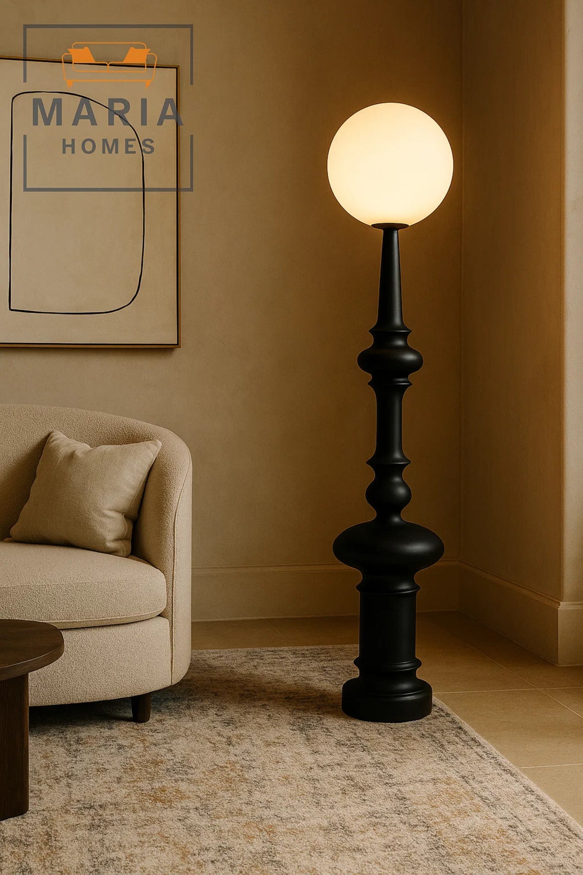 Sculptural Black Floor Lamp with Frosted Globe Shade