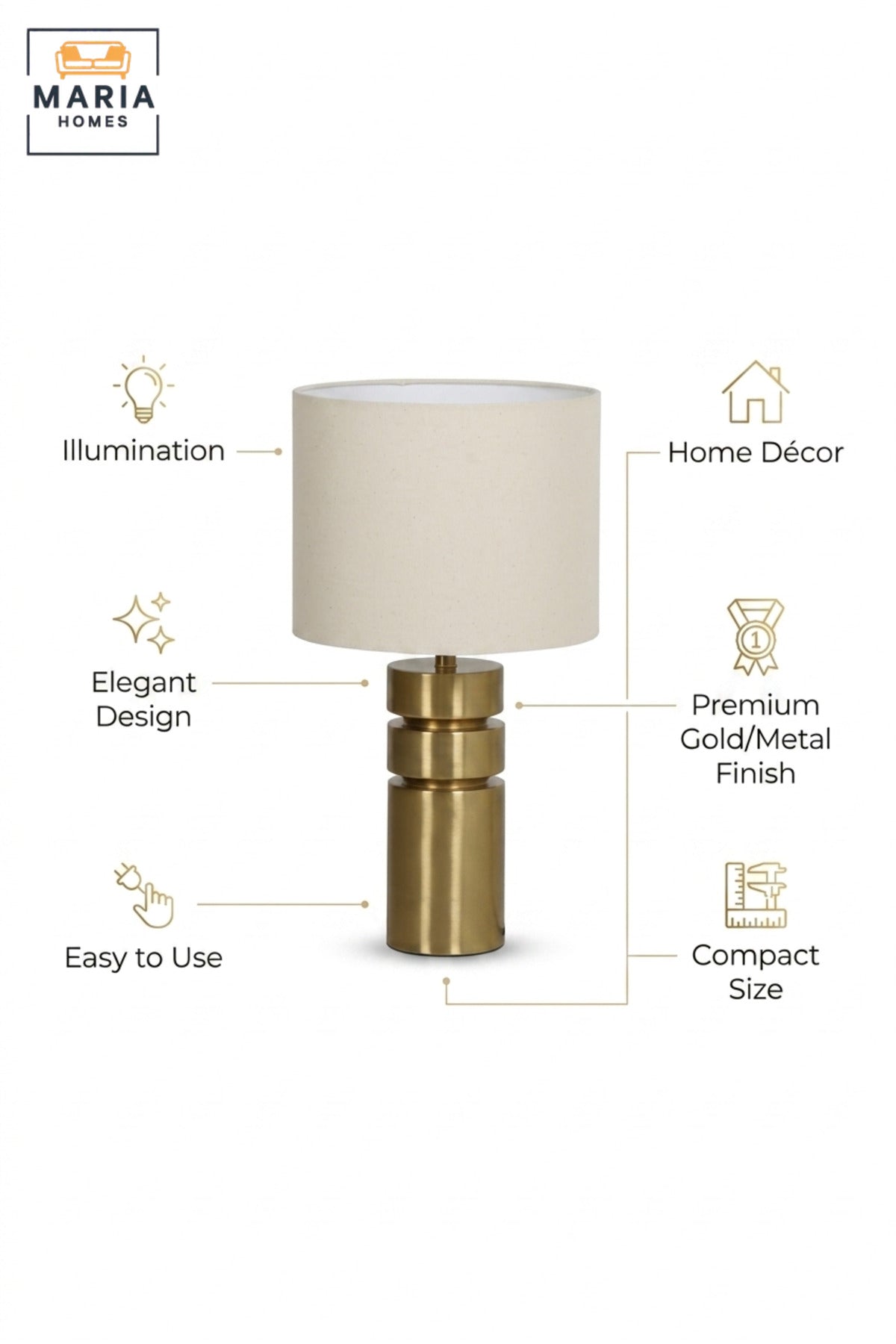 Modern Gold Cylindrical Table Lamp with Layered Base and Fabric Drum Shade Decorative Bedside Light for Bedroom Living Room Office and Hotel Décor