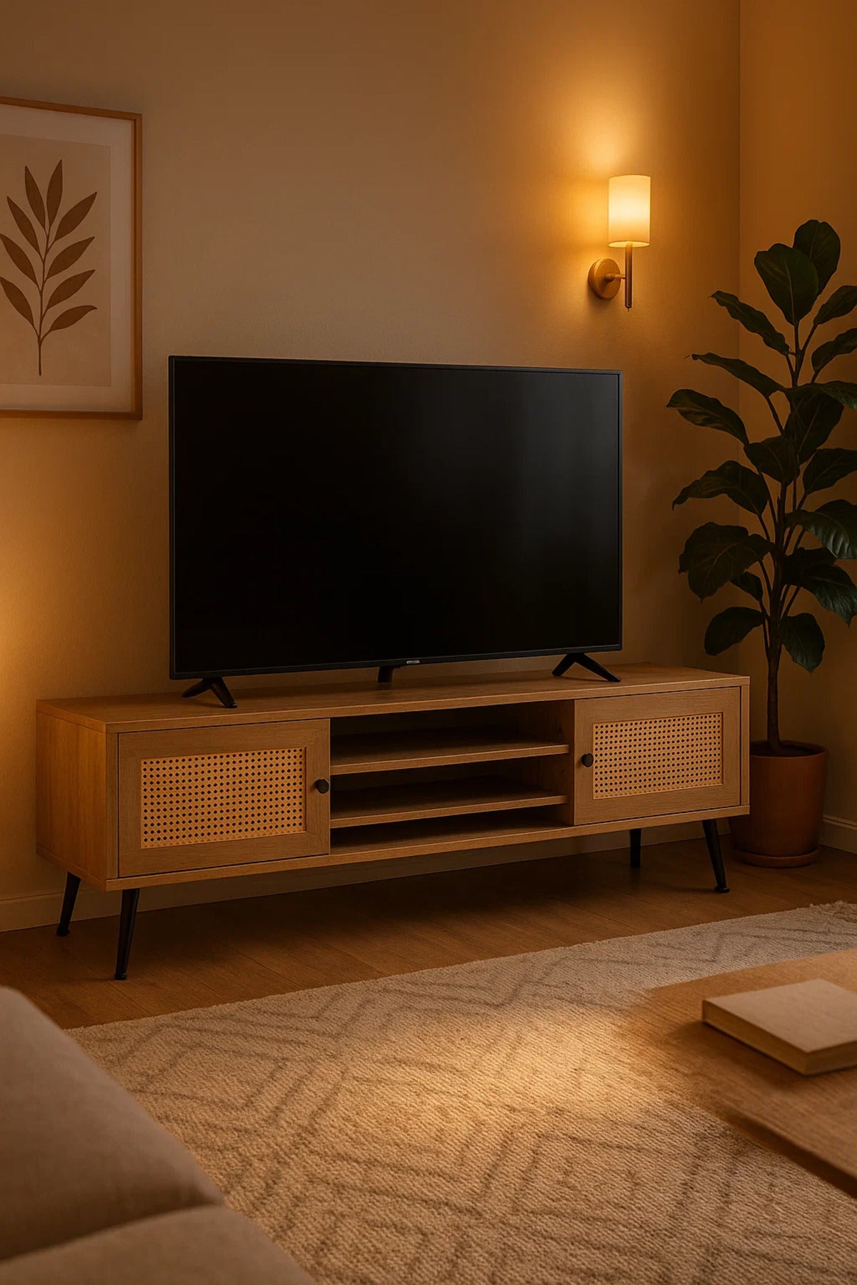 Mid-Century Modern TV Stand with Rattan Doors Ð 160x40x50 cm Brown Entertainment Unit