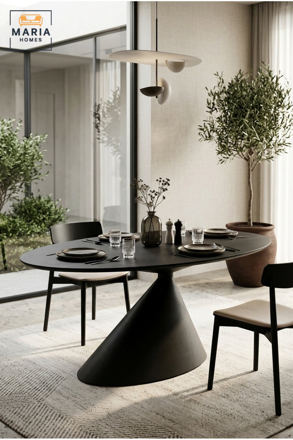 Modern Oval Dining Table with Sculptural Cone Pedestal Base, Contemporary Dining Table for Dining Room, Kitchen, Apartment, Café and Restaurant