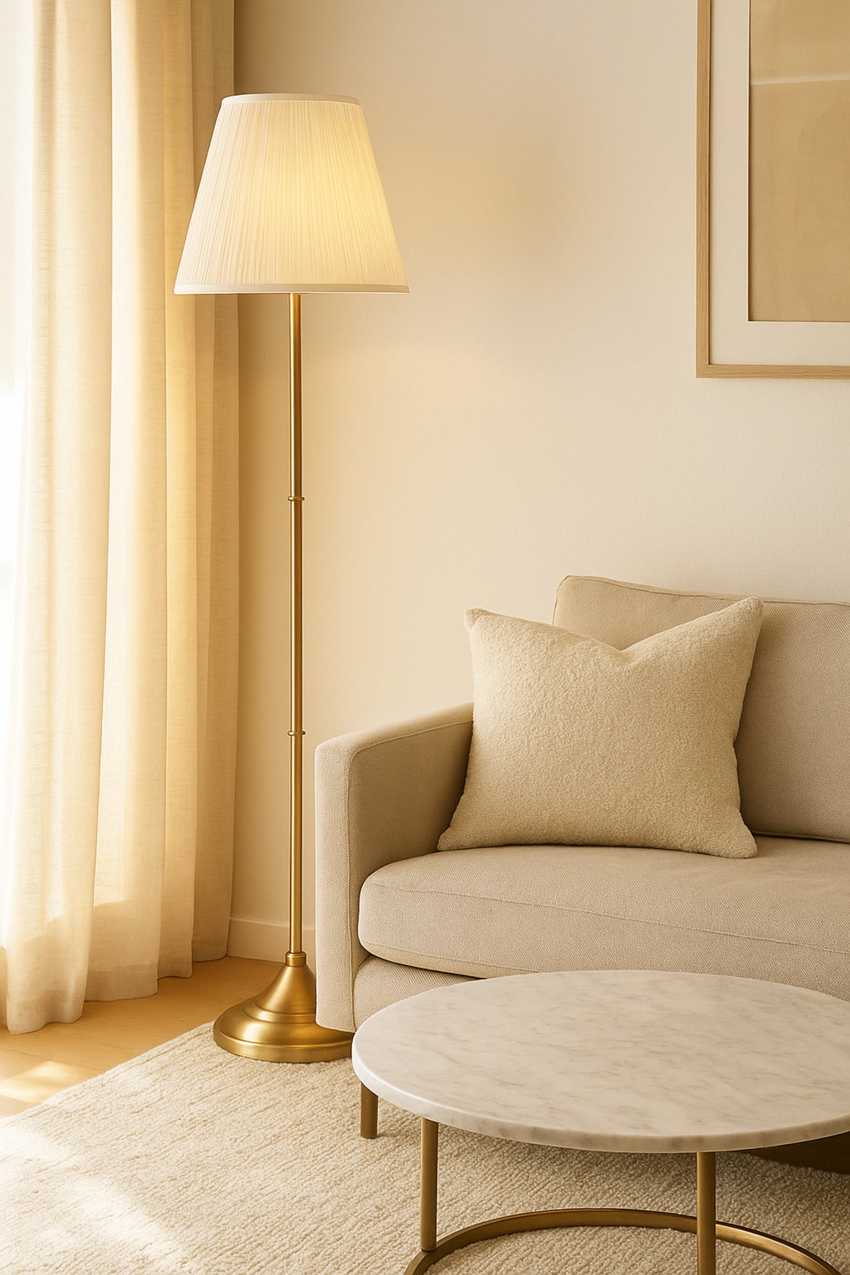 Modern Brass Floor Lamp Ð Fixed Metal Stand with White Fabric Shade for Living Room & Bedroom