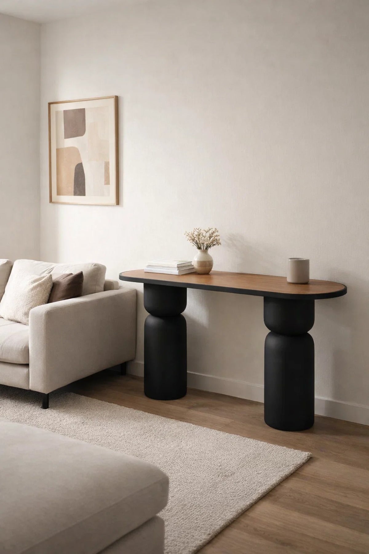 Contemporary Wood Top Console Table with Sculptural Black Legs for Modern Living Rooms 120cm