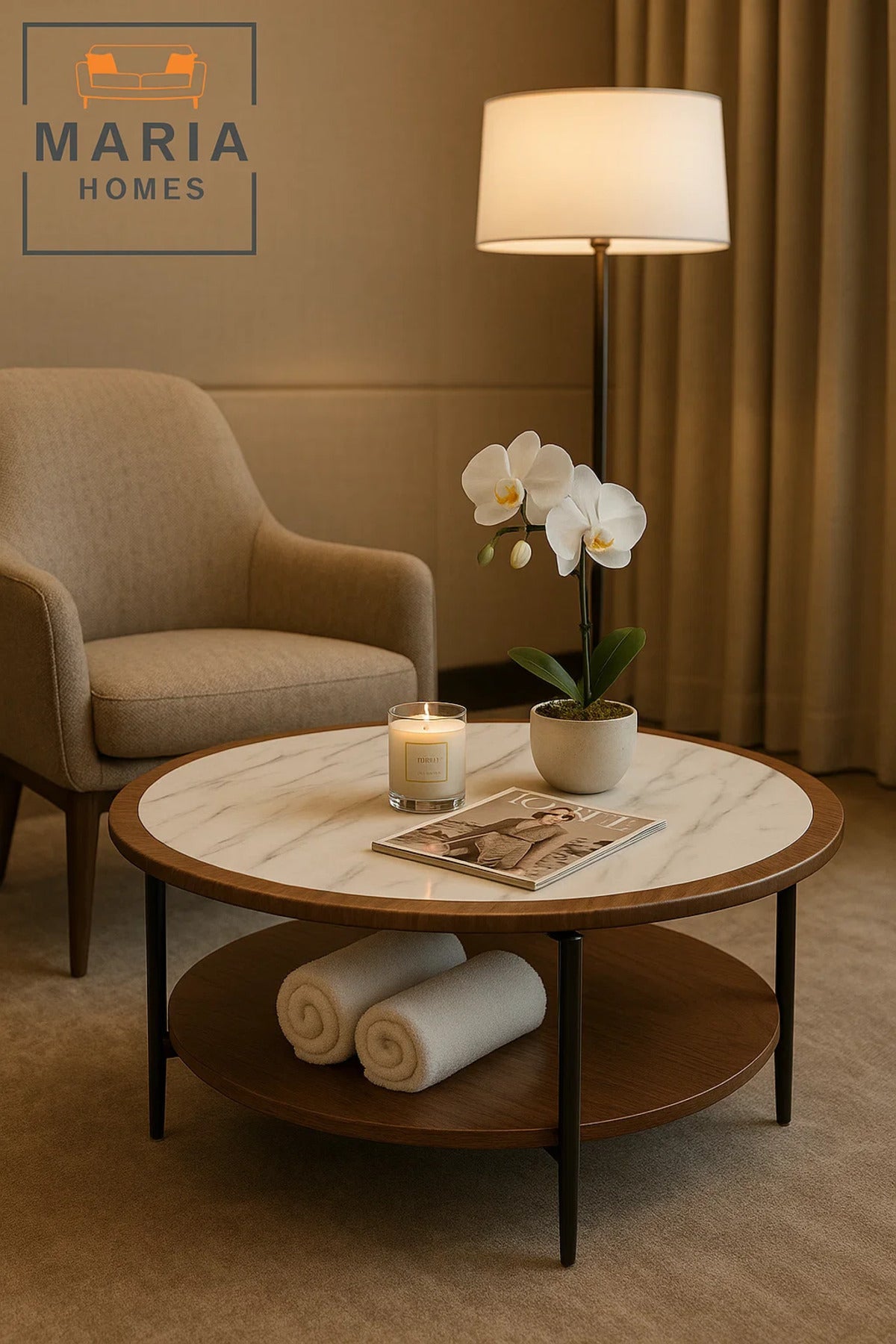 Elegant marble and walnut round coffee table with shelf