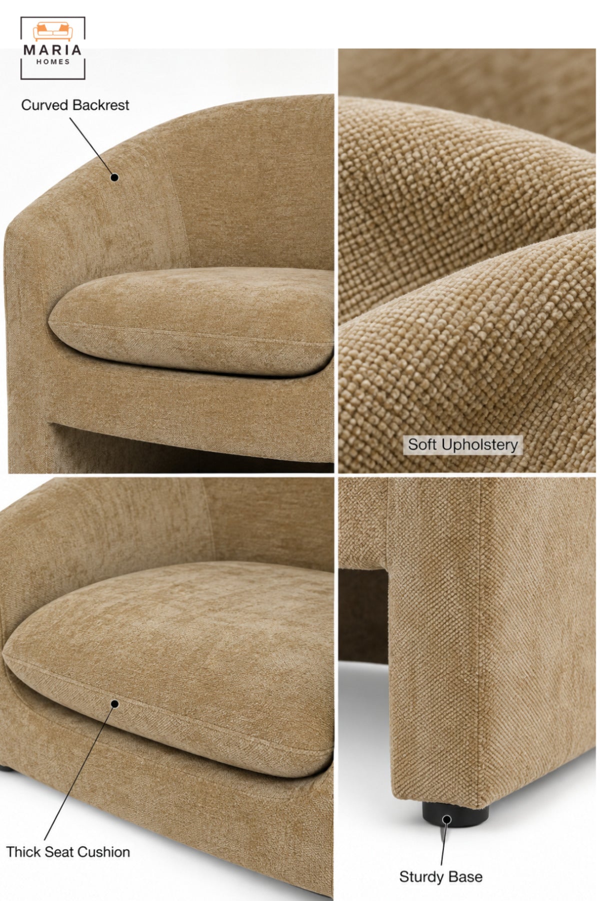 Modern Beige Fabric Accent Chair with Curved Backrest, Cushioned Seat and Integrated Armrests for Living Room, Bedroom, Lounge & Reception
