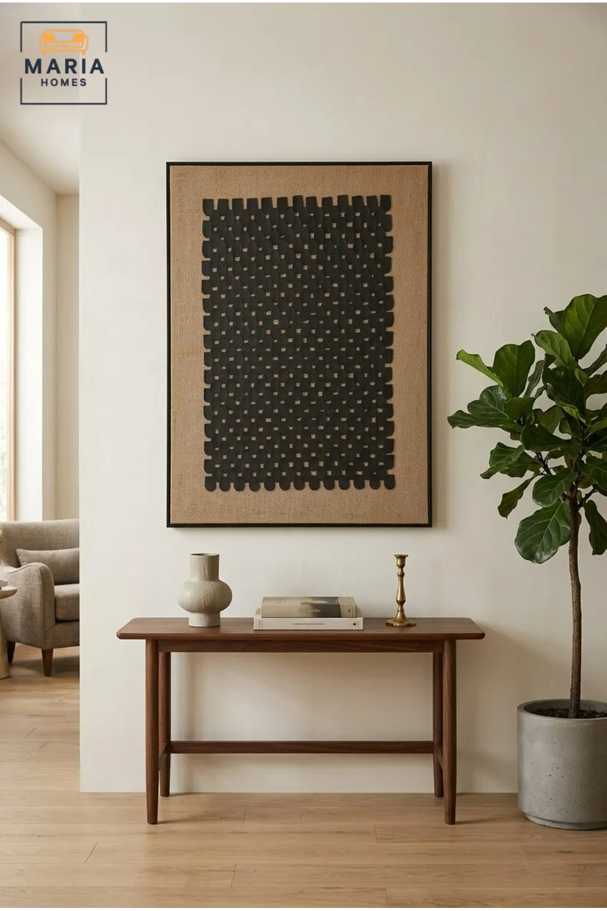 Modern Abstract Textured Wall Art with Slim Black Frame, Black Woven Geometric Design on Beige Canvas for Living Room, Bedroom and Office Décor