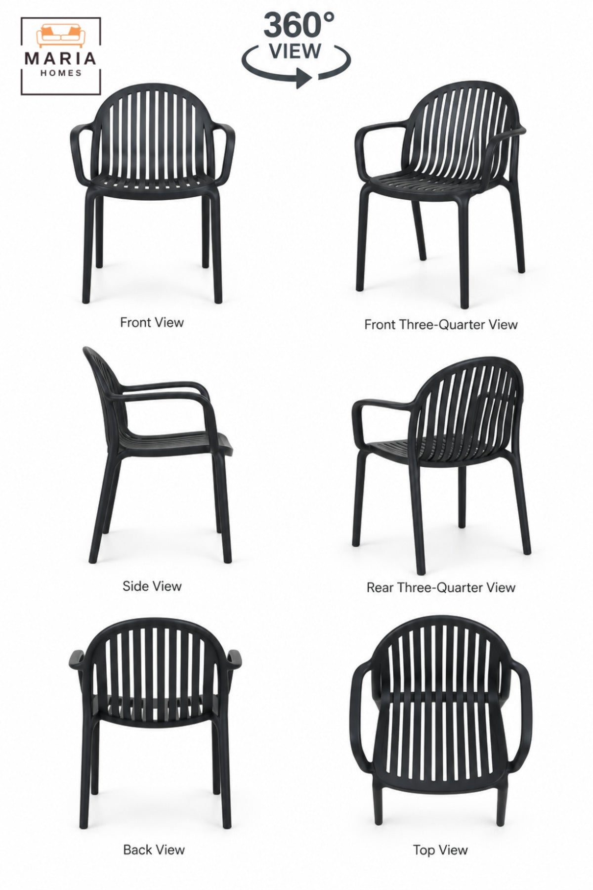 Modern Black Garden Chair with Armrests, Vertical Slatted Curved Backrest and Comfortable Seat for Patio, Balcony, Terrace, Café & Outdoor Seating